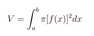 Fórmula para o cálculo do volume de um sólido de revolução rotacionado em torno do eixo x.