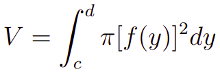 Fórmula para o cálculo do volume de um sólido de revolução rotacionado em torno do eixo y.