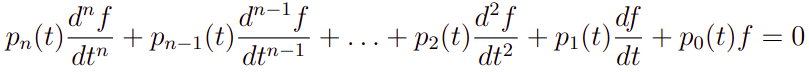 Exemplo de equações diferenciais ordinárias homogêneas, lineares e de ordem n.