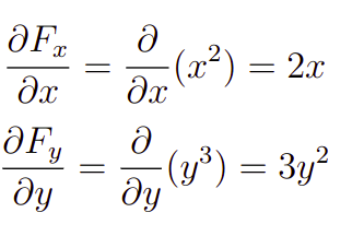 Cálculo das derivadas parciais para a determinação do divergente do campo vetorial.