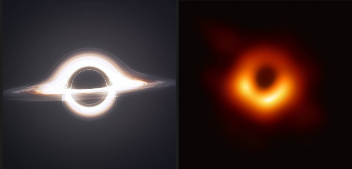 Comparação entre o buraco negro de Gargantua do interestelar e o buraco negro fotografado pelo event horizon telescope.