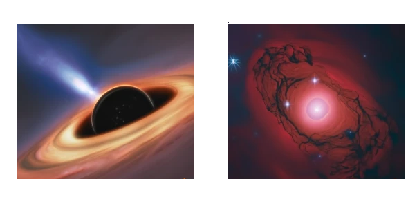 Figura 1. Ilustrações de um buraco negro (esquerda) e de estrelas negras (direita).